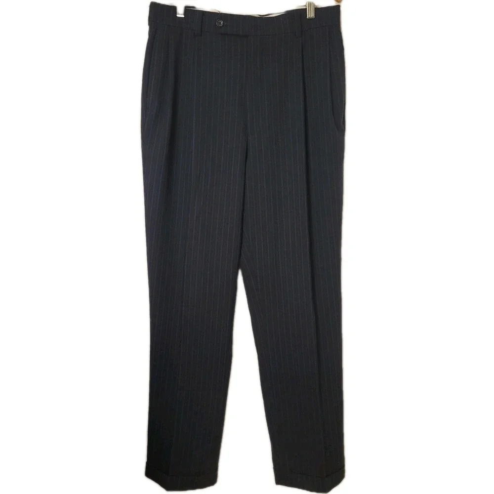 Nautica 2 Piece Suit 42L Navy Pinstripe‎ Jacket Pant 33x33 Pleated Cuff Wool